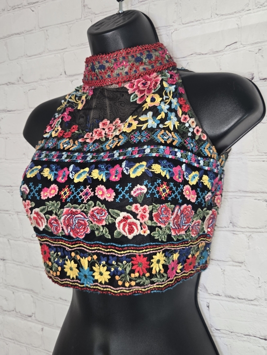 Sherri Hill Tops - Sherri Hill Black Fully Embroidered Floral High-Neck Crop Top